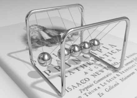 Le  pendule de Newton illustre la loi de conservation de la quantité de mouvement (masse multipliée par la vitesse). L’énergie perdue par la boule qui s’arrête à une extrémité de la série est transmise par les boules intermédiaires à celle située en fin de série, qui du coup se met en mouvement. Source : techno-science.net