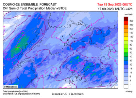 Figure 3: prévision de la médiane des cumuls de précipitations entre lundi 06 et mardi 06 UTC.