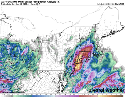 Figure 2 : cumul de précipitations sur 72 h entre le 27 septembre à 04 UTC et le 30 septembre à 04 UTC (06 h heure suisse) mesuré par radars et pluviomètres. Source : NOAA, pivotal weather 