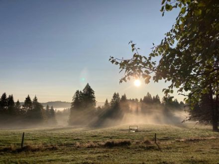 Rayons du soleil perçant la mince couche de brume matinale, à Saignelégier (JU) dimanche 24.09.2023 vers 8h30.