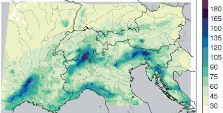 Figure 1 : Précipitations maximales annuelles moyennes dans les Alpes (en millimètres par jour).