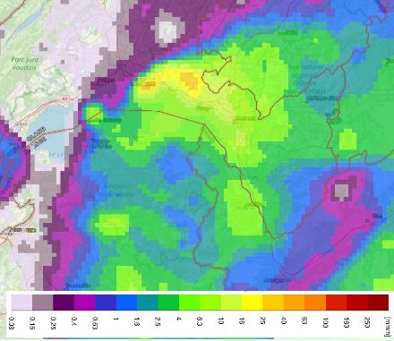 Cumuls de pluie en mm par "effet lac" sur le Haut-Léman.