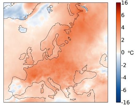 Figure 4. Répartition spatiale de la température en septembre 2023 en Europe. L’écart (en °C) à la norme 1991-2020 est représenté. Source : Copernicus