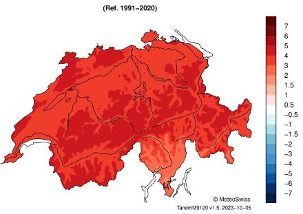 Figure 7. Répartition spatiale de la température moyenne en septembre 2023, en tant qu’écart (en °C) à la norme 1991-2020. Source : MétéoSuisse