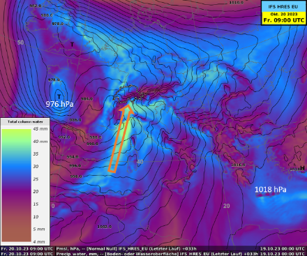 Eau précipitable et isobares pour demain vendredi, 09 UTC, calculées par l'IFS. La flèche orange indique le courant de sud à sud-ouest qui amène beaucoup d'eau en Suisse. De plus, les nombreuses isobares à travers l'Italie montrent bien la grande différence de pression entre la Suisse et le sud de l'Italie.