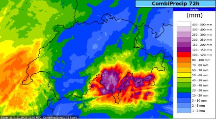 Carte des cumuls de précipitations estimés à partir des images radar et des mesures aux stations entre mercredi 18 octobre 12 h et samedi 21 octobre 2023 12 h.