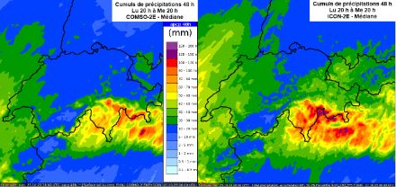 Carte des cumuls de précipitations (en mm) prévus sur 48 h pour la période du lundi 23 octobre 20 h au mercredi 25 octobre 20 h selon le scénario médian des modèles COSMO-2E (gauche) et ICON-2E (droite).