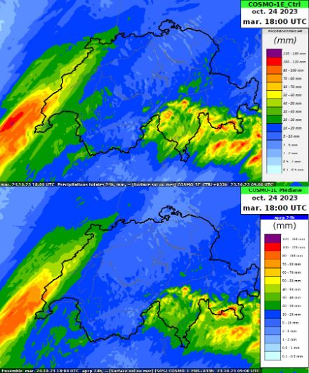 Carte des cumuls de précipitations (en mm) entre le lundi 23 octobre 18 h UTC et le mardi 24 octobre 18 h UTC selon le scénario de contrôle (haut) et le scénario médian (bas) du modèle COSMO-1E. 