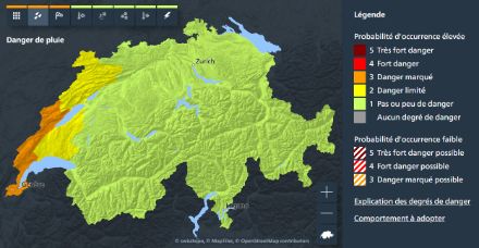 Carte des dangers de pluie de MétéoSuisse.