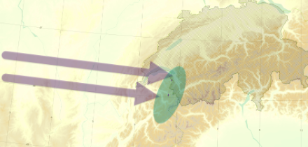 Les vents d'ouest (en mauve) viennent buter contre le relief Préalpin et Alpin (couleur moutarde). Ces montagnes provoquent un soulèvement de l'air ce qui accentue les précipitations à cet endroit (région en vert). 