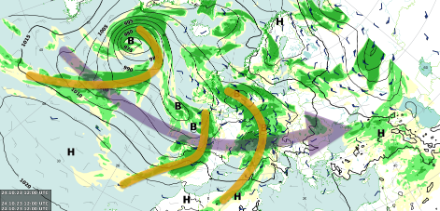Sur cette carte du 24 octobre nous pouvons visualiser 3 des 4 perturbations qui se seront succédées d'ici à vendredi midi. Elles sont surlignées en couleur moutarde alors que la flèche mauve matérialise le  fort courant d'ouest qui entraîne cette "famille" de perturbations.
