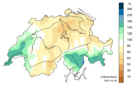 Carte de la Suisse sur la répartition des précipitations en octobre.