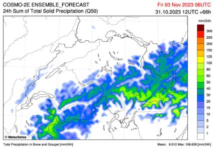 Quantités de neige prévues entre jeudi 2 novembre 6h et vendredi 3 novembre 6h. Il s'agit d'équivalent en mm d'eau, mais on peut grosso modo considérer ces cumuls comme des cm de neige