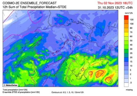 Quantités de précipitations (en mm ou litres/m2) prévues jeudi 2 novembre entre 6h et 18h. Médiane des 21 membres de l'ensemble Cosmo-2E. 