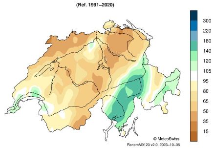 Carte de la répartition spatiale des sommes de précipitations en septembre 2023, représentée en % de la norme 1991-2020.