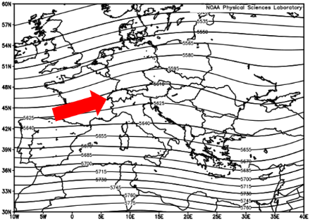 Géopotentiel moyen à 500 hPa (environ 5500 mètres) du 20 avril au 10 mai de la période 1991-2020 selon la réanalyse de la NOAA. Il est évident que les situations du sud et du sud-ouest sont plus fréquentes que les situations d'ouest, du nord-ouest et du nord à cette période de l'année. Cela favorise les situations de foehn dans les vallées alpines du Nord des Alpes.