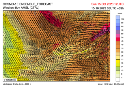 Direction et force du vent à 4000 m prévus à 14h locales le 15.10.2023 par le modèle COSMO-1ctrl.