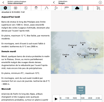 A gauche, bulletin texte régional pour lundi et mardi et à droite, couches de nuages prévues lundi à 19h, avec en bleu les nuages bas, en gris les nuages moyens et en blanc les nuages d’altitude.