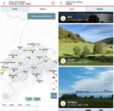 Aperçu de la section des observations météo dans l’App MétéoSuisse : à gauche, la carte avec les observations partagées et le curseur pour sélectionner la tranche horaire des observations, à droite le mode galerie dans lequel on peut faire défiler les photos partagées dans les dernières 6h, de la plus récente à la moins récente