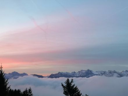 Lever du jour entre stratus ondulant et cirrus colorés.