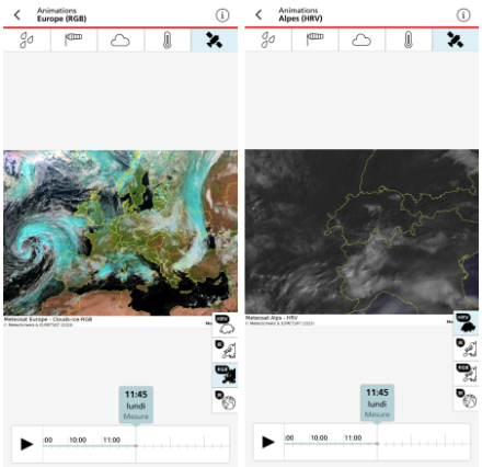 Aperçu d’images satellite disponibles dans la section des animations et visualisables sur les dernières 24h. A gauche, animation satellite composite RGB (Red-Green-Blue) qui permet de mettre en évidence les nuages bas en beige, élevés en bleu, sur toute l’Europe. A droite, image satellite visible à haute résolution centrée sur la Suisse. 