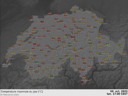 Températures maximales relevées ce lundi 9 octobre 2023 (avant 17h)
