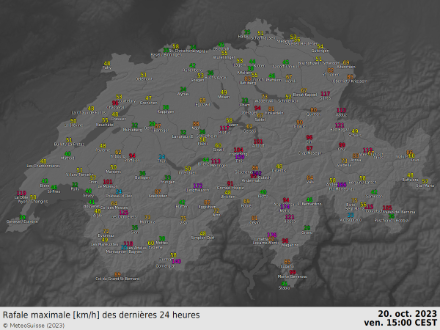 Rafales maximales (en km/h) relevées sur les dernières 24h, valide à 15h locales ce vendredi 20.10. 