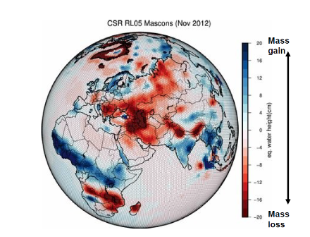 Fig. 3 : Anomalies des stockages d’eau terrestre calculées par les satellites de la mission GRACE pour novembre 2012
