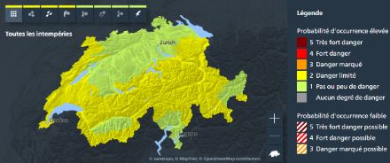 Carte des dangers de MétéoSuisse. 