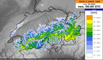 Carte des cumuls de neige (en cm) prévus jusqu’à vendredi matin selon le modèle du SLF (tenant compte du tassement et de la fonte) basé sur le modèle COSMO-2E. 