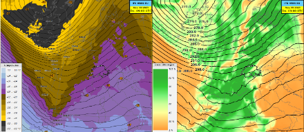 Géopotentiel (courbes noires) et température (plages de couleurs) à 500 hPa (env. 5550 mètres, à gauche) et géopotentiel et humidité relative à 700 hPa (env. 3000 mètres, à droite) le 09.11.2023 à 10h CEST. Les Alpes se trouvent dans un courant d'altitude du sud-ouest et une perturbation, reconnaissable à la présence d’humidité à 700 hPa (en vert), atteint la Suisse en matinée depuis l'ouest. 