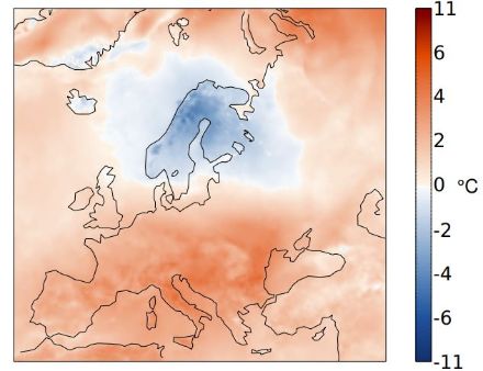 Répartition spatiale de la température en octobre 2023 en Europe, représentée par l'écart à la moyenne 1991-2020 en °C. 
