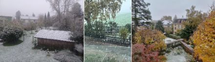 Les premières chutes de neige de la saison sur certaines parties du Plateau. A gauche à Wangen sur l'Aare, au centre à Wiedlisbach et à droite à Berne.