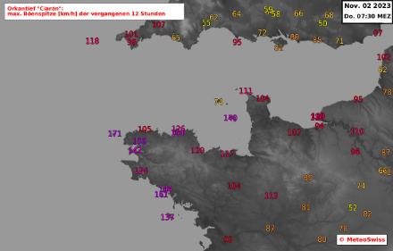 Rafales maximales (en km/h) jusqu'à 7h30 jeudi matin 02.11.2023 sur le nord-ouest de la France et la Manche.
