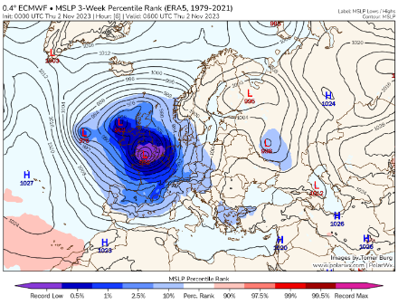 Ecart par rapport à la pression atmosphérique habituelle de la saison selon les prévisions du CEPMMT pour le 02.11.2023 à 7h.