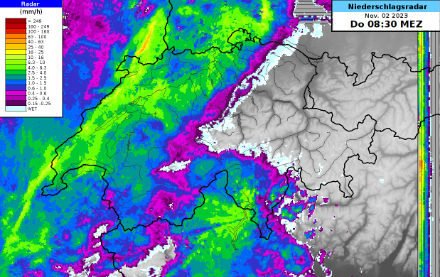 Intensité des précipitations (en mm/h) mesurée par les radars MétéoSuisse, jeudi matin 02.11.2023 à 8h30.