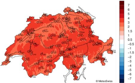 Figure 3. Ecart à la norme 1991-2020 de la température moyenne en octobre 2023.