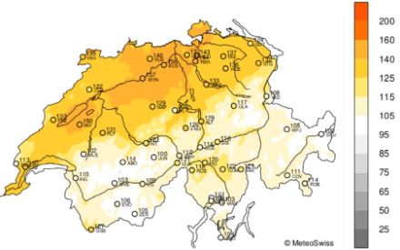 Figure 5. Répartition spatiale de l’ensoleillement en octobre 2023, représentée en % de la norme 1991-2020. 