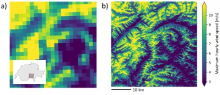Figure 2 : Prévision de la vitesse du vent dans le centre de la Suisse méridionale à partir a) du modèle météorologique COSMO-2E brut et b) d'un post-traitement avec une approche d'apprentissage profond (deep learning).