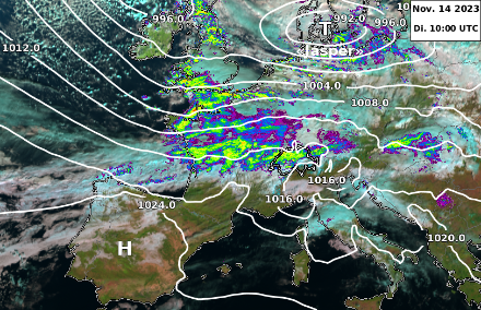 Situation météorologique le 14 novembre 2023. Image satellite superposée avec la pression atmosphérique au niveau de la mer (isobares) et les précipitations (radar). Entre une zone de basse pression sur le nord de l'Europe et une zone de haute pression sur le sud de l'Europe, de l'air très humide afflue sur la Suisse par l'ouest.