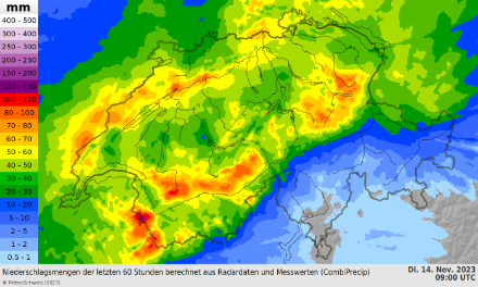 Cumul de précipitations sur 60 heures, calculé à partir des données radar et des mesures au sol (Combiprecip)