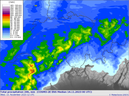 Cumul de précipitations sur 24 heures (Cosmo-2E médiane, run du 14.11.2023 00 UTC)