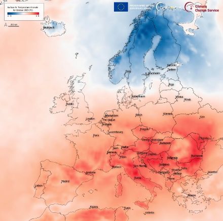 Fig. 3: température moyenne pour le mois d'octobre en Europe, anomalie par rapport à la moyenne pour la période 1991-2020. L'anomalie négative sur la Scandinavie et la Russie est très marquée. 