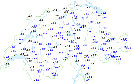 Carte de la Suisse avec les températures minimales absolues observées depuis le 1er septembre 2023.