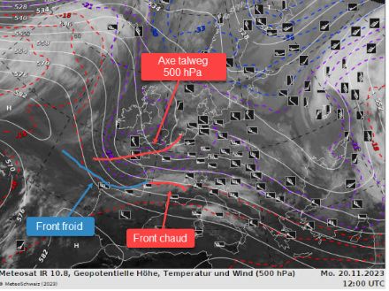 Figure 2 : Image satellite MSG infrarouge (IR 10.8) valide à 12 UTC (13h locales) le 20.11.2023 avec les niveaux (isohypses) et températures (isothermes) à la 500 hPa (env. 5700 m) superposés.