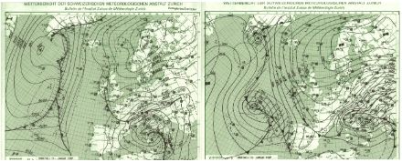 Cartes des pressions et des fronts au sol les 11 et 12 janvier 1987. L’anticyclone puissant (1045 hPa) centré sur la Scandinavie va chercher l’air polaire continental très loin vers l’est pour le rabattre vers les Alpes. Source : MétéoSuisse