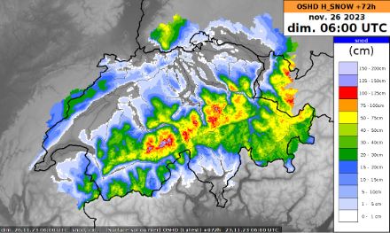 Carte des cumuls de neige prévus jusqu’à dimanche 7 h (somme des cumuls de vendredi et de samedi, mais en tenant compte de la fonte et du tassement).