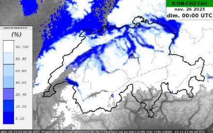 Proportion de neige (en %) dans les précipitations du samedi 25 novembre 21 h UTC au dimanche 26 novembre 2023 00 h UTC. Modèle ICON-CH2 Contrôle.