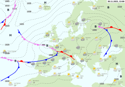 Carte au sol en prévision pour le jeudi 30 novembre à 13h00. 