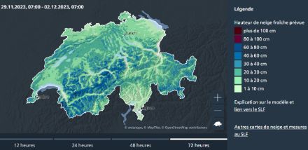 Cumuls de neige (en cm) prévu jusqu’à samedi 02.12.2023 7 h. L’estimation sur le Plateau n’est pas réaliste.